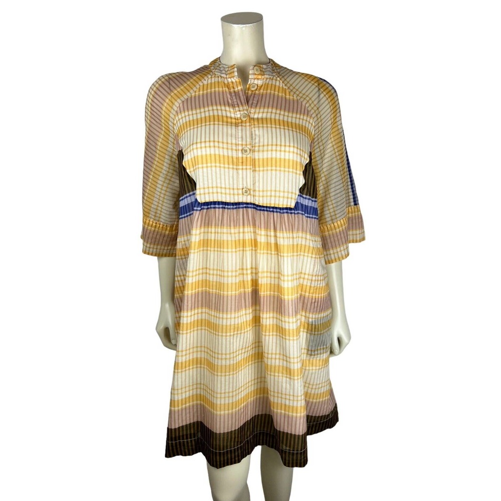 Julia June Printed Stripe Popover Dress 36 S Pockets Button Peasant Boho Womens